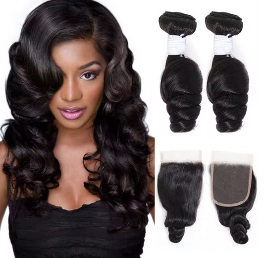 Virgin Human Hair Brazilian Bundle Hair Weave Natural Body 2Pcs + Closure